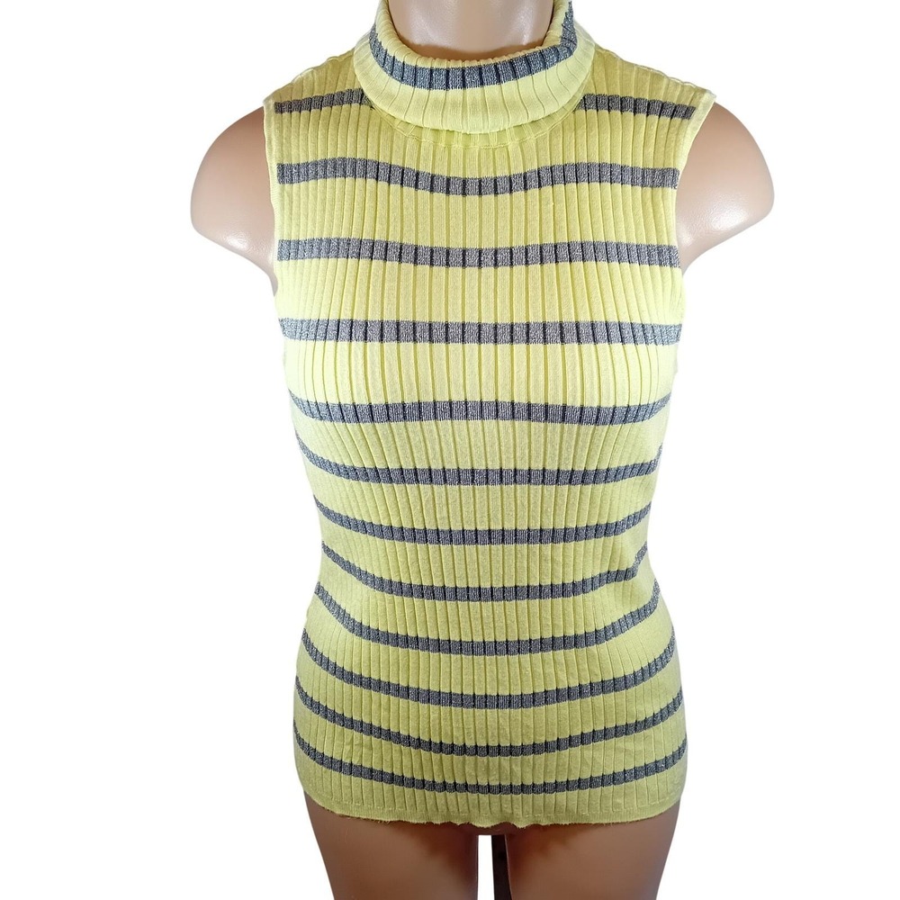 Vintage Y2K Focus 2000 Sleeveless Turtleneck Sweater Metallic Ribbed Indie L